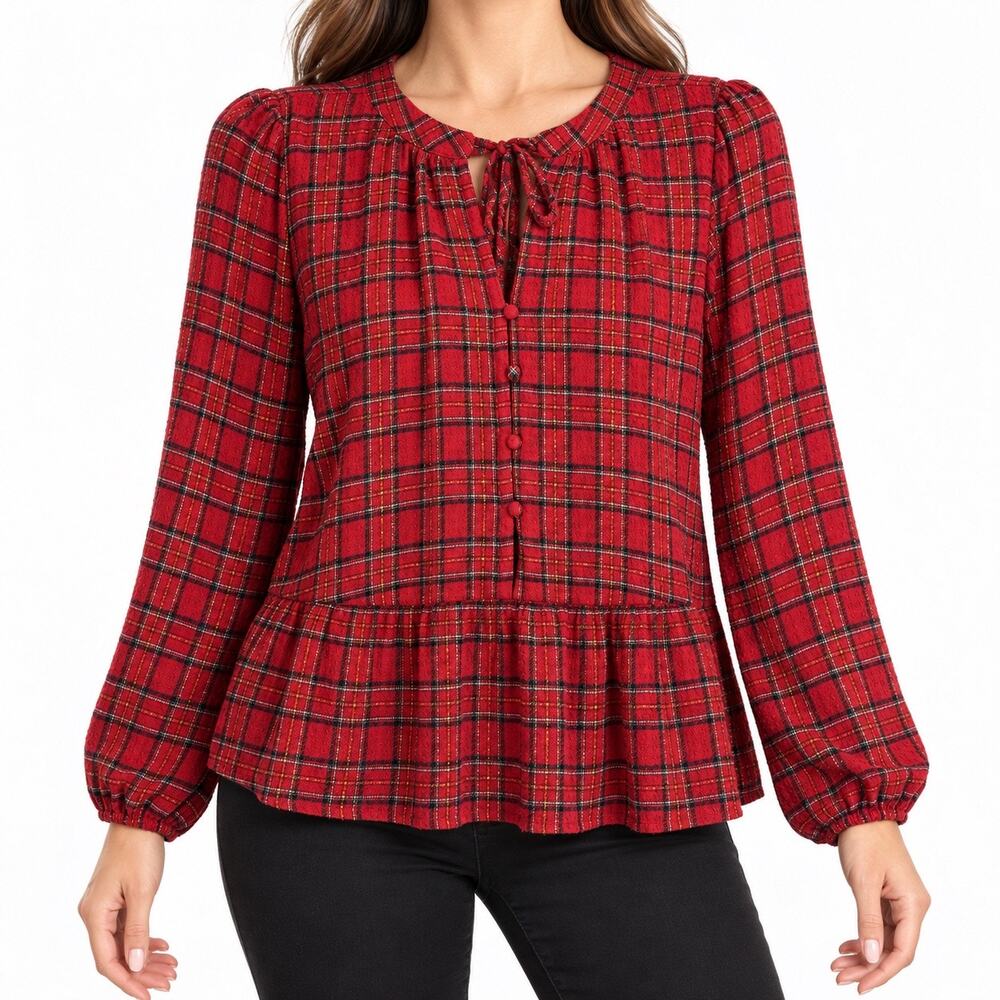 LOFT by Ann Taylor Sz Medium Red/Metallic Gold Long Christmas Blouse Shirt Top